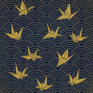 紺地に金色折り鶴青海波柄 / Gold Origami Cranes on Navy Seigaiha