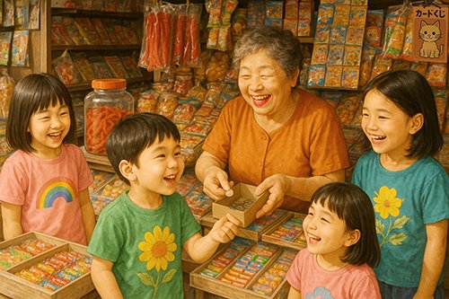 A cheerful scene at a nostalgic Japanese dagashi shop, where smiling children interact with an elderly shopkeeper surrounded by colorful snacks.